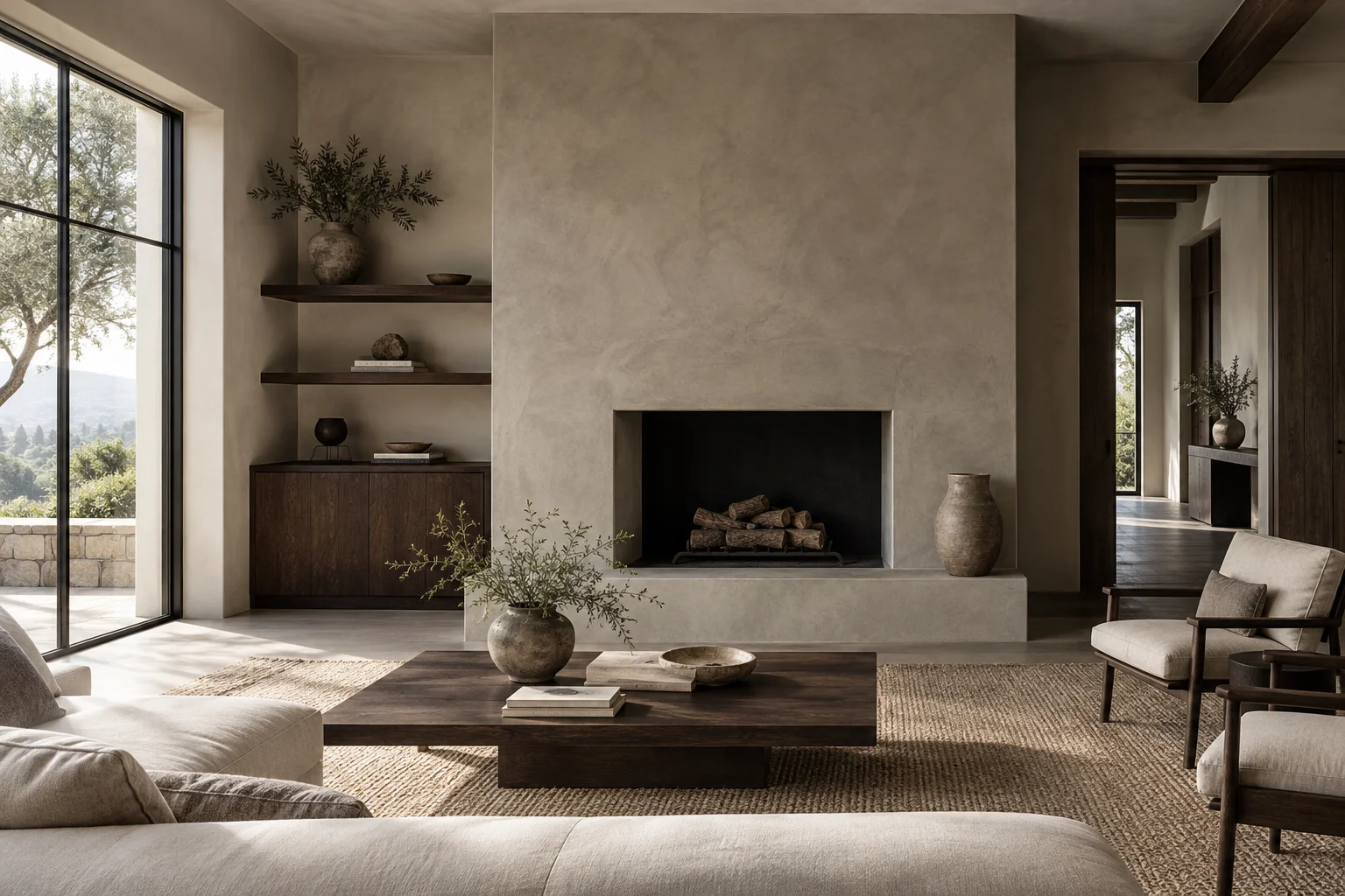Design inspiration: warm Venetian plaster fireplace in a light-filled living room